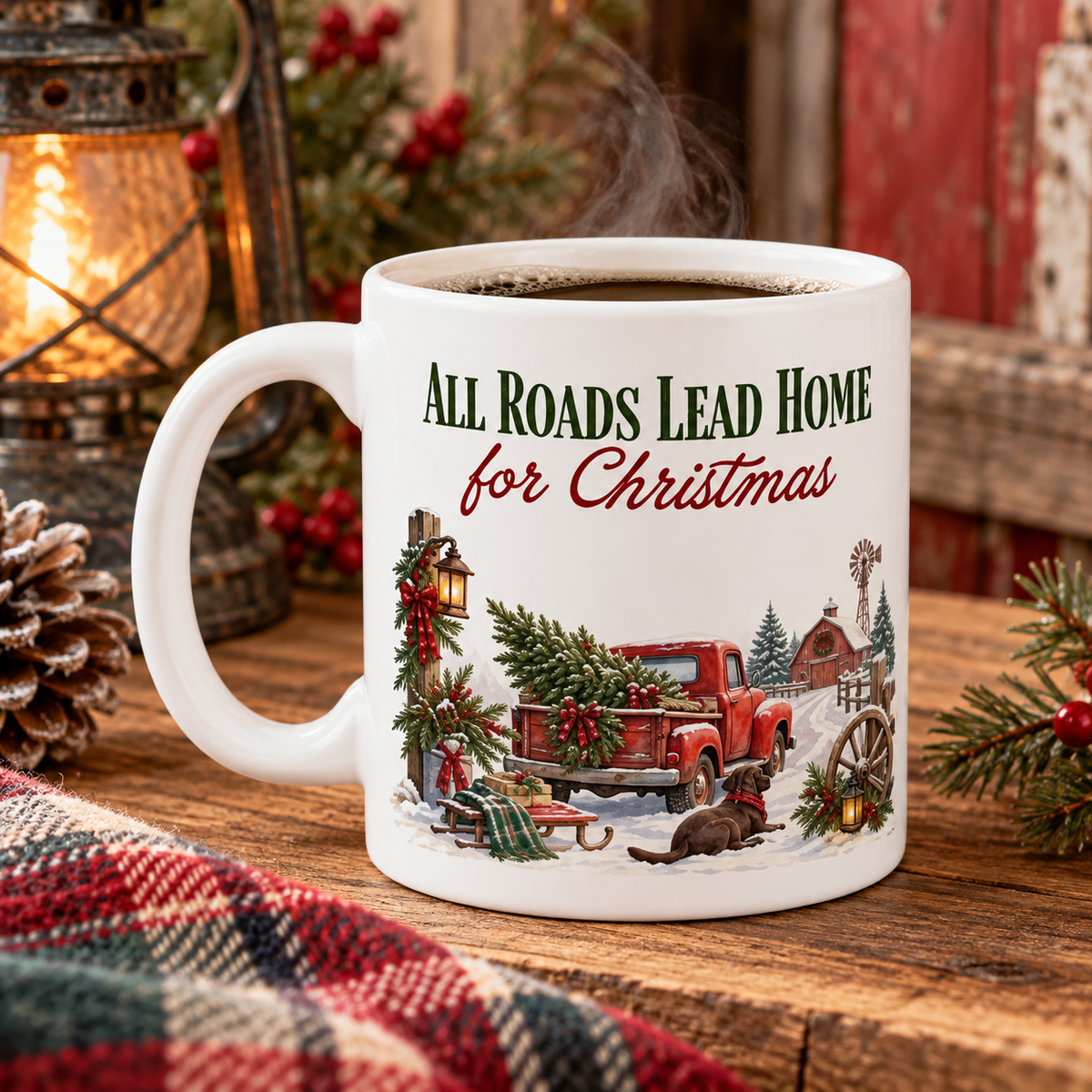 All Roads Lead Home for Christmas Mug | Vintage Red Truck | Nostalgic Christmas Gift | 11 oz Ceramic Mug