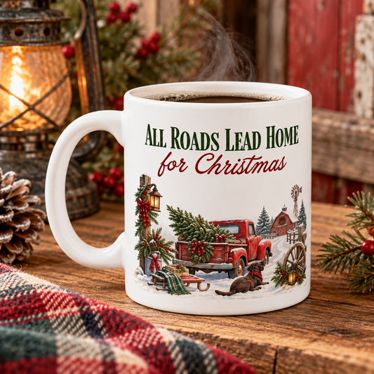 All Roads Lead Home for Christmas Mug | Vintage Red Truck | Nostalgic Christmas Gift | 11 oz Ceramic Mug