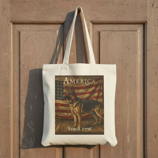 A white canvas tote bag hanging on a rustic brown wooden door. The bag features a printed graphic of a German Shepherd dog standing in front of an American flag, with the text 'AMERICA' at the top and 'SINCE 1776' at the bottom.