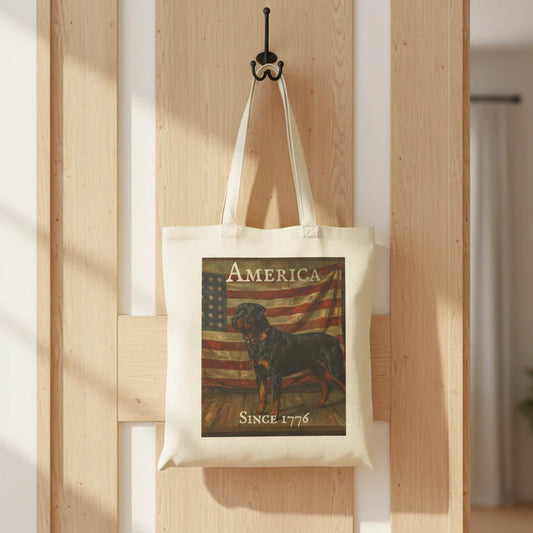 An off-white canvas tote bag hanging from a black hook on a light wood door. The bag features a vintage-style graphic print with an American flag background, the word 'AMERICA', and a Rottweiler dog standing on a wooden floor, with 'SINCE 1776' written below.