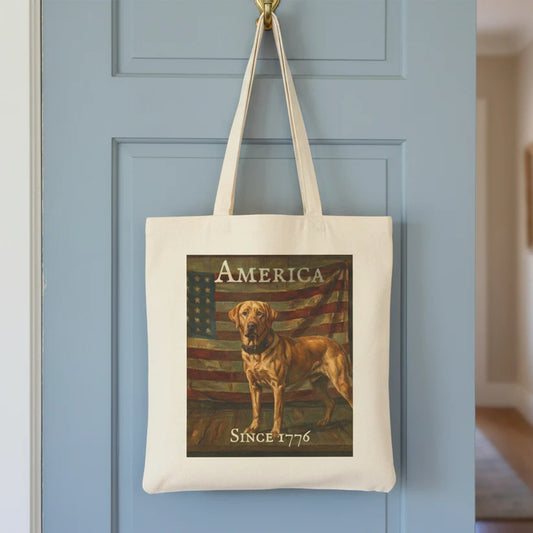 A cream canvas tote bag hanging on a gold hook of a light blue paneled door. The bag features a vintage-style graphic print of a yellow lab standing in front of an American flag, with the text 'AMERICA' and 'SINCE 1776'.