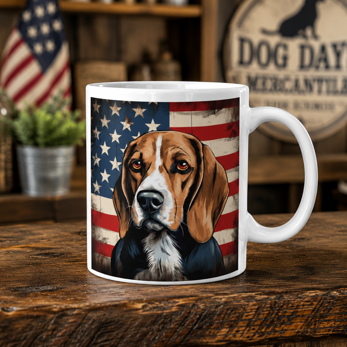 A white ceramic mug featuring a printed graphic of a beagle dog in front of a rustic American flag, displayed on a wooden table in a rustic shop setting.