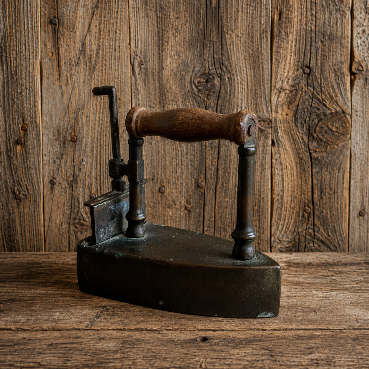 Brass Slug Box Iron, Turn of the Century, Wooden Handle, 1910s
