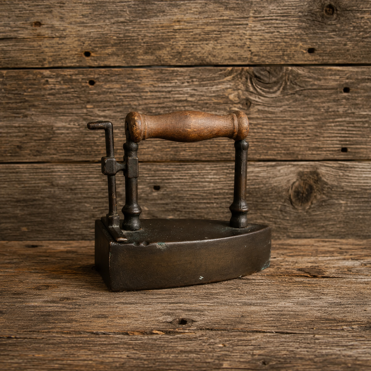 Brass Slug Box Iron, Turn of the Century, Wooden Handle, 1910s