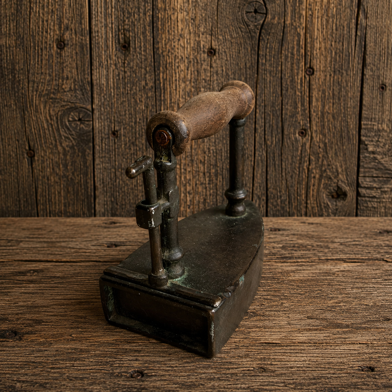 Brass Slug Box Iron, Turn of the Century, Wooden Handle, 1910s