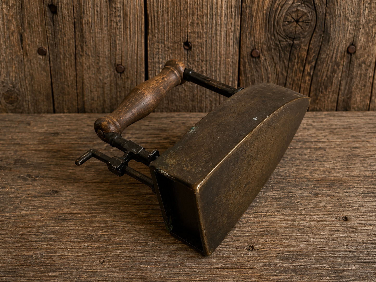 Brass Slug Box Iron, Turn of the Century, Wooden Handle, 1910s