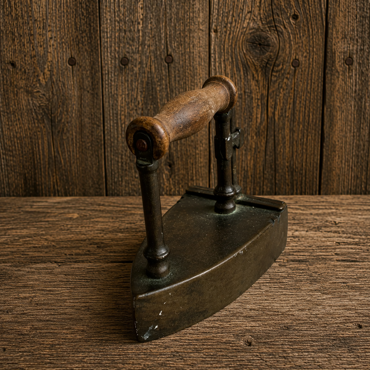 Brass Slug Box Iron, Turn of the Century, Wooden Handle, 1910s
