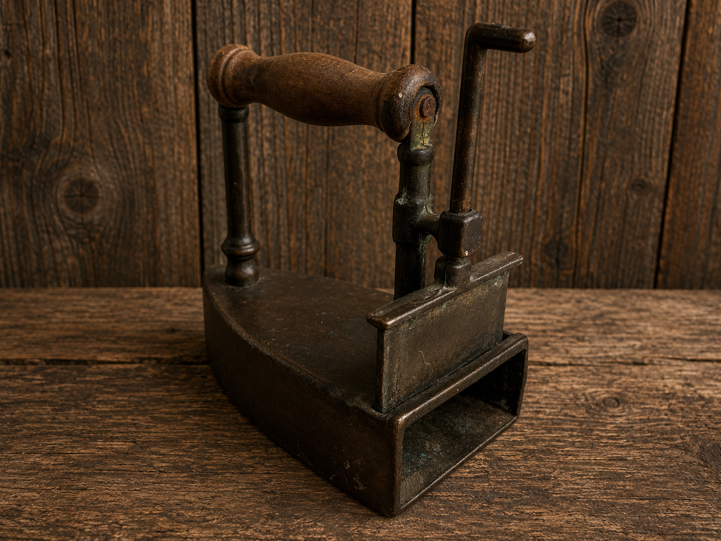 Brass Slug Box Iron, Turn of the Century, Wooden Handle, 1910s