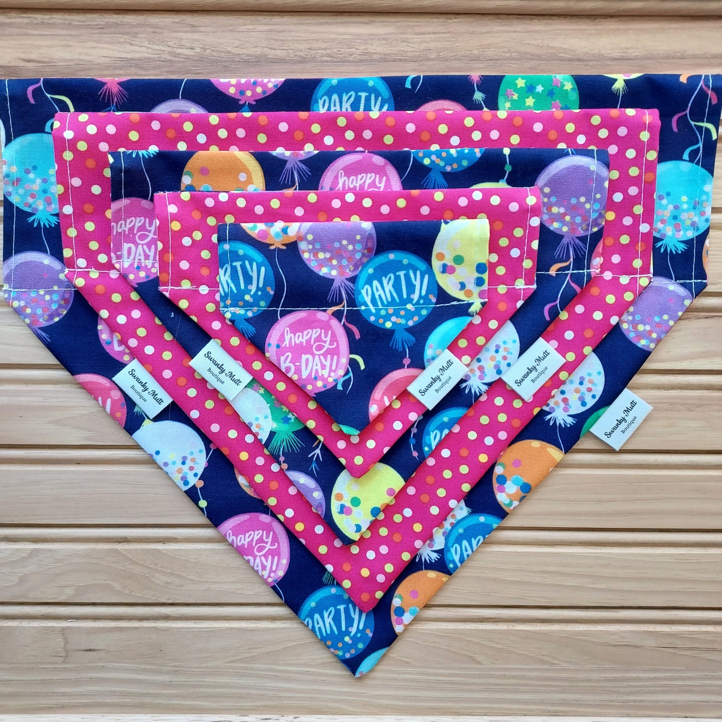 Dog Bandana - Birthday Party; Reversible, slide over the collar style.