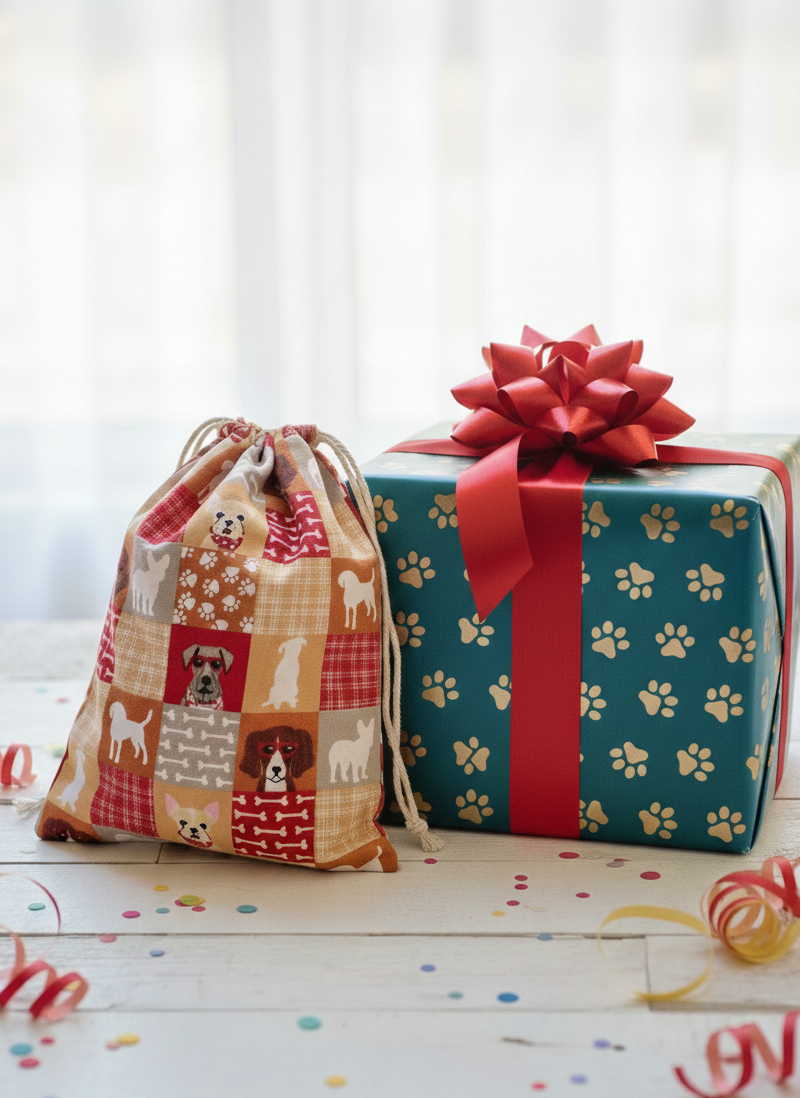 Gift bag with dog-themed pattern and a wrapped gift with a red bow on a white surface.