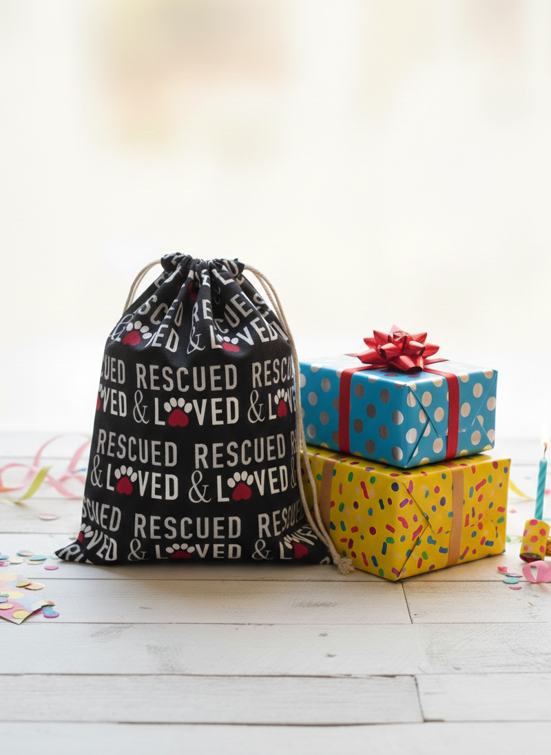 Drawstring bag with 'Rescued & Loved' text next to colorful gift boxes on a light wooden table.