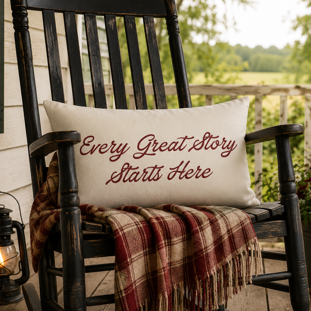 A white rectangular throw pillow with the phrase 'Every Great Story Starts Here' printed in dark red script, resting on a black rocking chair on a porch. A red, beige, and brown plaid blanket is draped over the chair, with a lit lantern on the left and a potted American flag and flowers on the right.