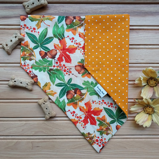 A reversible dog bandana with a fall leaves print on one side and orange dots on the other, displayed on a wooden surface with dog treats and flowers nearby.