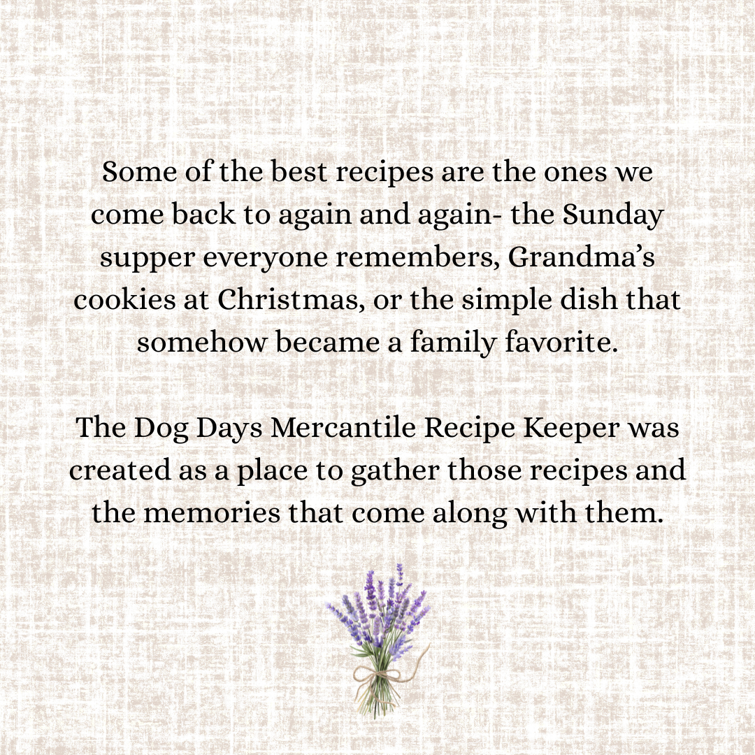 A square graphic with a textured beige background and black serif text reflecting on family recipes, with a small lavender bouquet illustration near the bottom center.