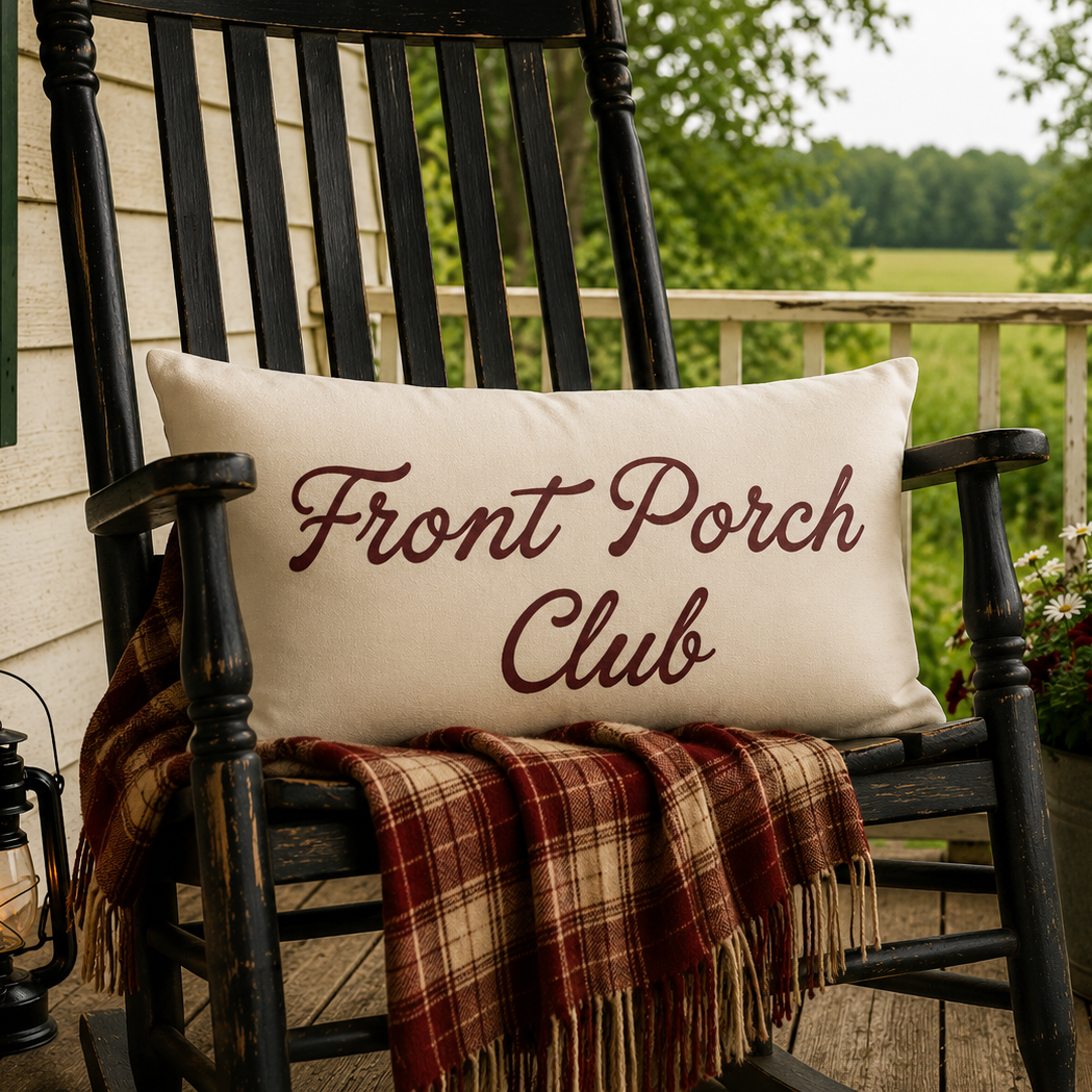 A cream rectangular throw pillow with 'Front Porch Club' embroidered in dark red script, resting on a black rocking chair on a porch. A red, brown, and beige plaid blanket is draped over the chair, with a lantern on the left and a potted flower arrangement with a small American flag on the right.