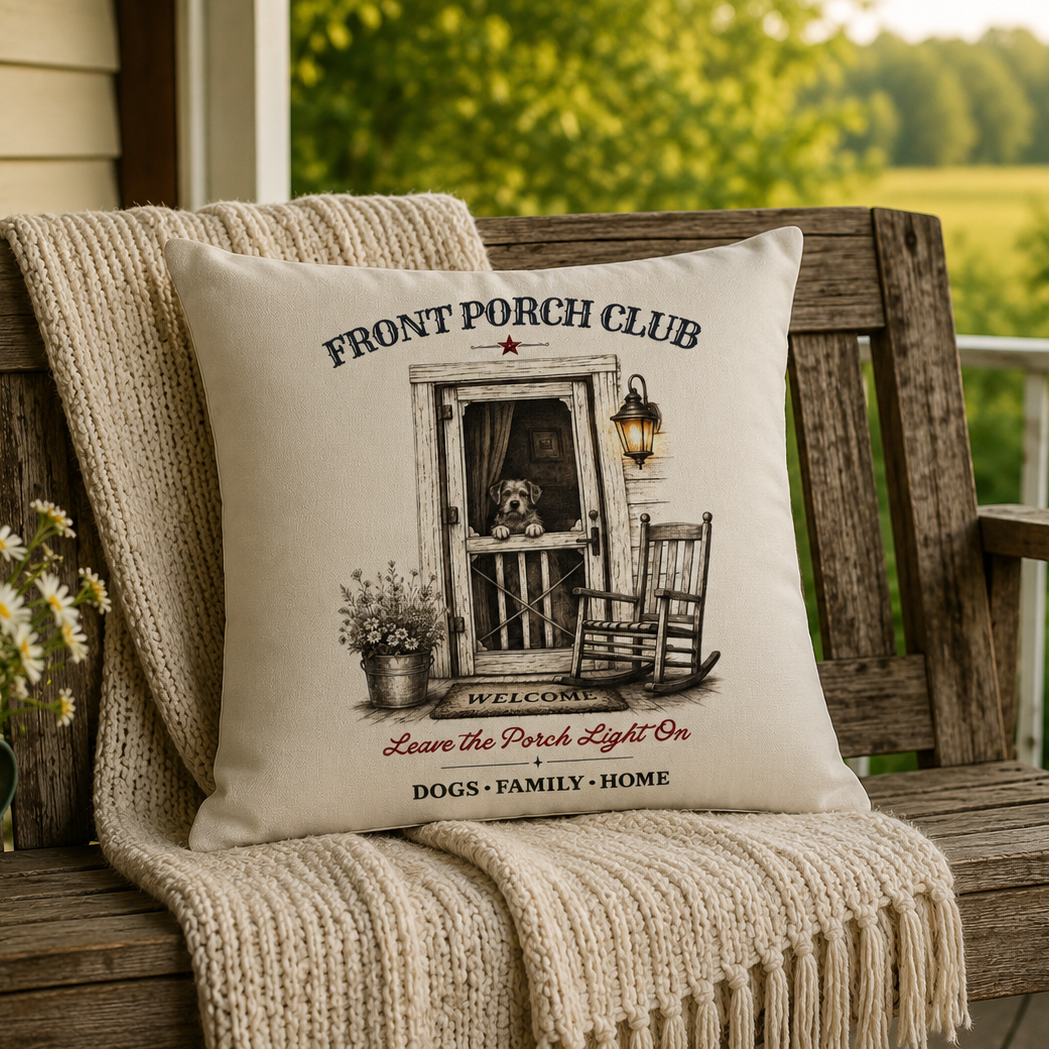 A cream throw pillow with a rustic 'Front Porch Club' graphic sits on a wooden porch swing next to a chunky cream knit blanket. The porch has a blurred green garden background, and a green bucket of daisies is visible on the left.