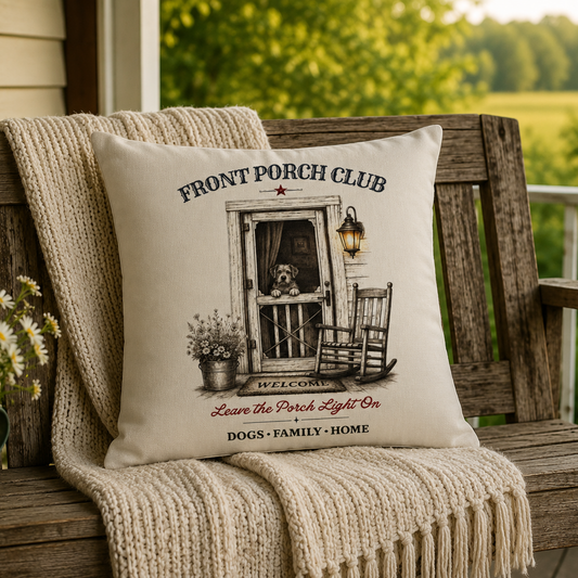 A cream throw pillow with a rustic 'Front Porch Club' graphic sits on a wooden porch swing next to a chunky cream knit blanket. The porch has a blurred green garden background, and a green bucket of daisies is visible on the left.