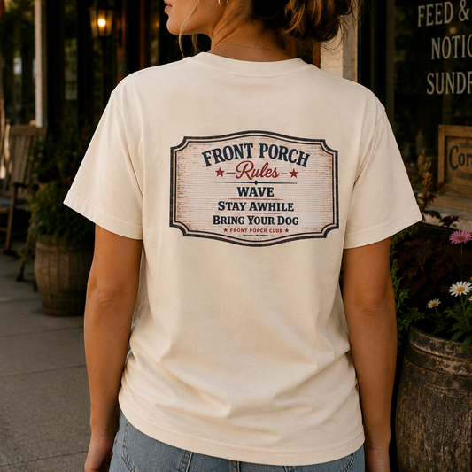 A woman wearing a cream-colored graphic t-shirt with a vintage-style 'Front Porch Rules' dog store sign design on the back, standing on a rustic outdoor shop sidewalk.
