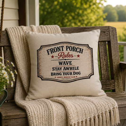 A square cream throw pillow with a rustic black and red 'Front Porch Rules' graphic, styled on a weathered wooden porch swing with a knitted blanket and flowers.