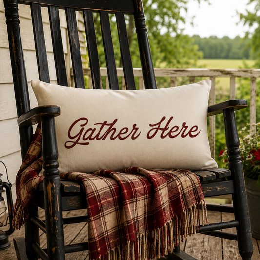 A rectangular cream throw pillow with the phrase 'Gather Here' printed in dark red script, resting on a black wooden porch rocking chair. A red and brown plaid fringed throw blanket is draped over the chair, alongside a lit lantern, a potted red flower arrangement with an American flag, and a blurred outdoor background.