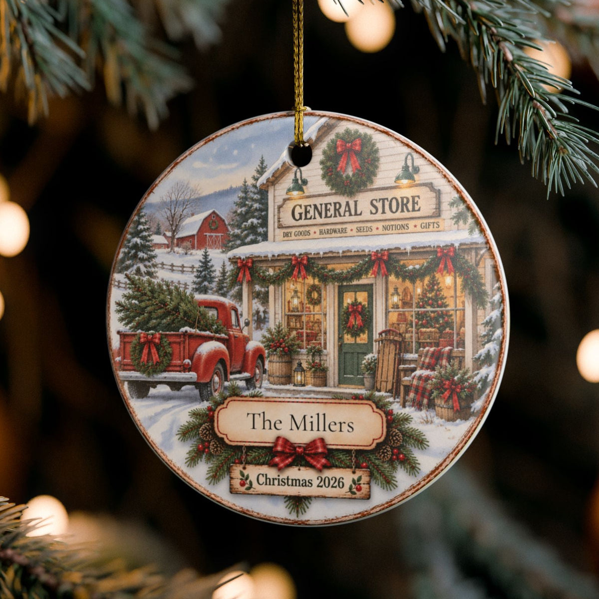 A round Christmas ornament hanging from a pine tree branch, featuring a vintage-style illustration of a general store front with a red truck, holiday wreath, and the text 'Name' and 'Christmas 2026'.