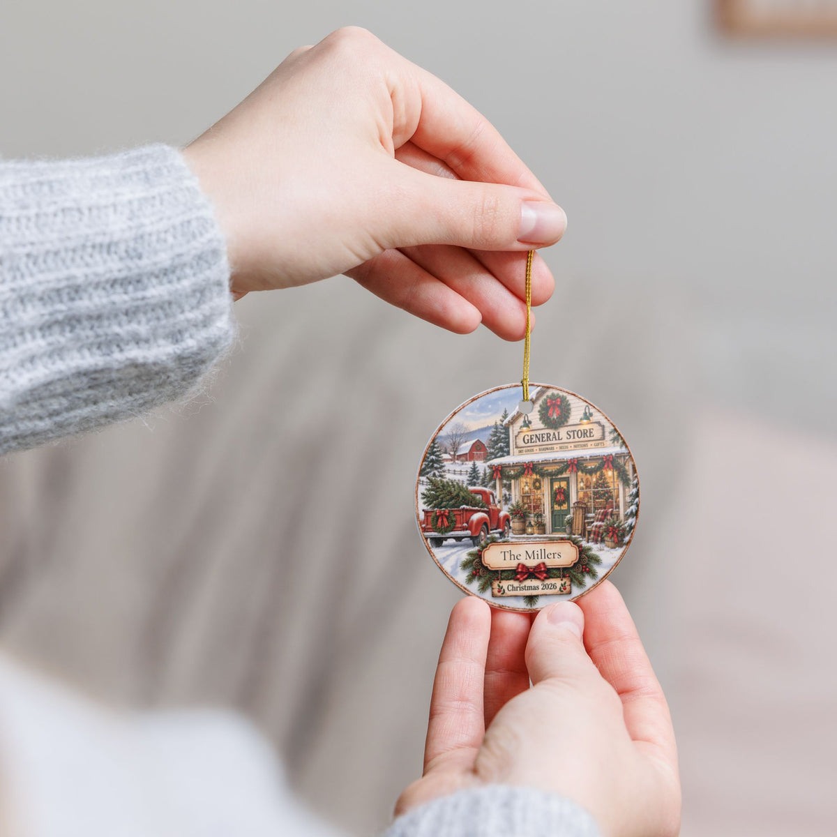 A person holds a round ceramic Christmas ornament featuring a vintage storefront scene with red trucks and holiday decorations. The ornament has a gold hanging string and is shown against a soft, blurred indoor background.