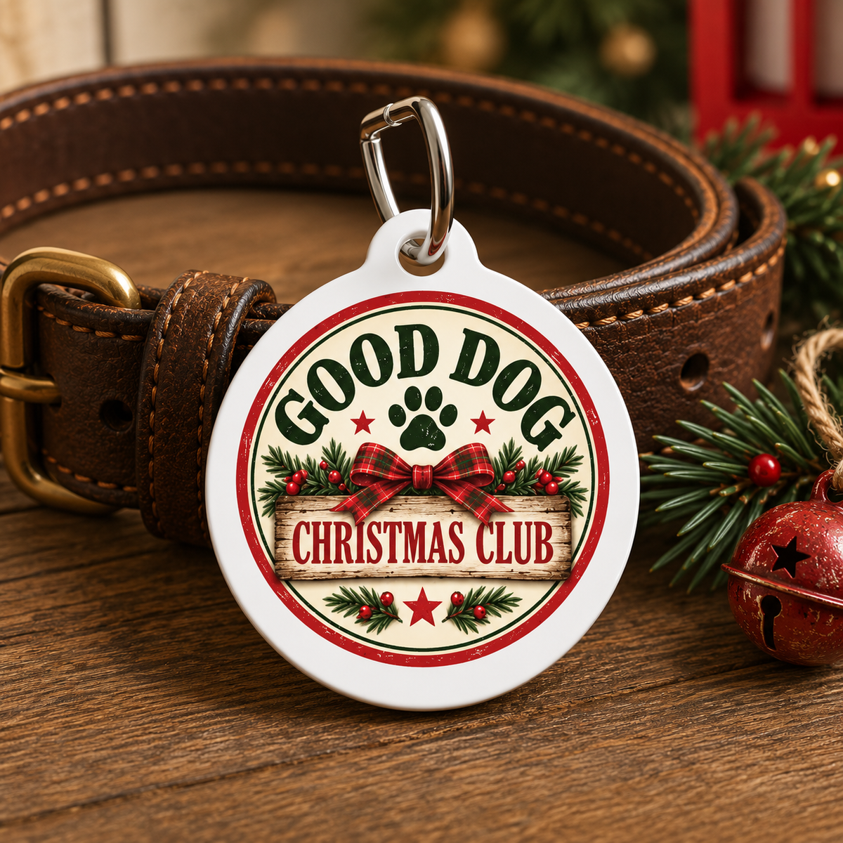 A round white pet ID tag with a silver clip, featuring a Christmas-themed design with the text 'GOOD DOG CHRISTMAS CLUB', a paw print, and holiday accents, displayed on a brown leather collar on a wooden surface with festive greenery and a red bell.