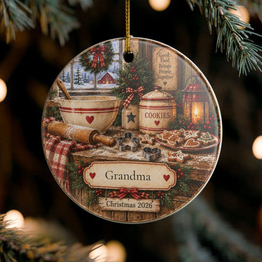 A round Christmas ornament hanging from a pine tree branch, featuring a rustic holiday scene with baking items, a sign that reads 'Grandma', and the text 'Christmas 2026'.