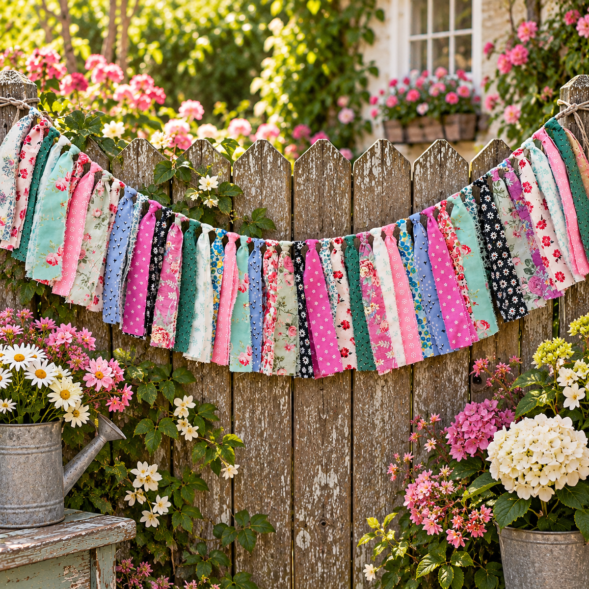 A colorful patchwork fabric banner with ruffled edges hangs across a weathered wooden fence in a garden setting, surrounded by pink and white flowers.