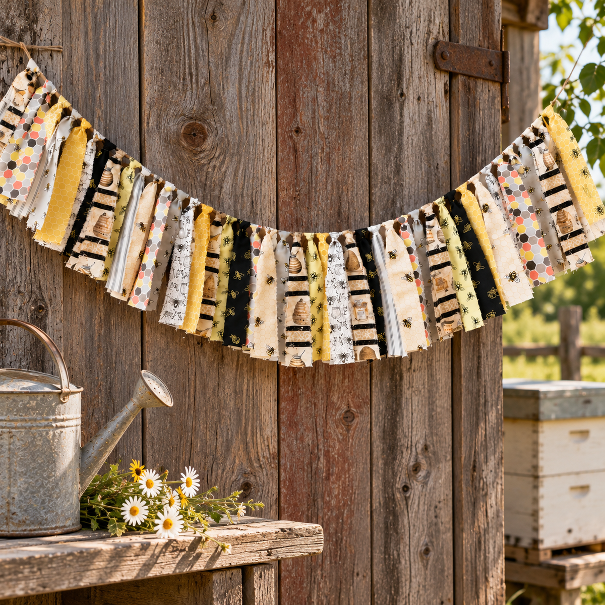 A fabric bunting banner with alternating fabric strips in yellow, black, beige, and white bee patterns, hanging outdoors against a rustic wooden fence with a galvanized watering can and daisies in the foreground.