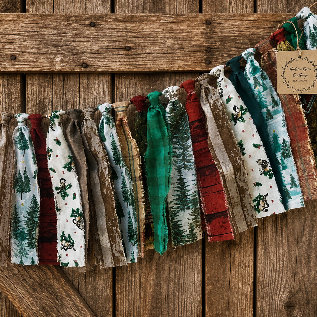 A rustic fabric garland banner made of multiple hanging strips in different holiday prints and earthy tones, strung across a wooden plank background. 
