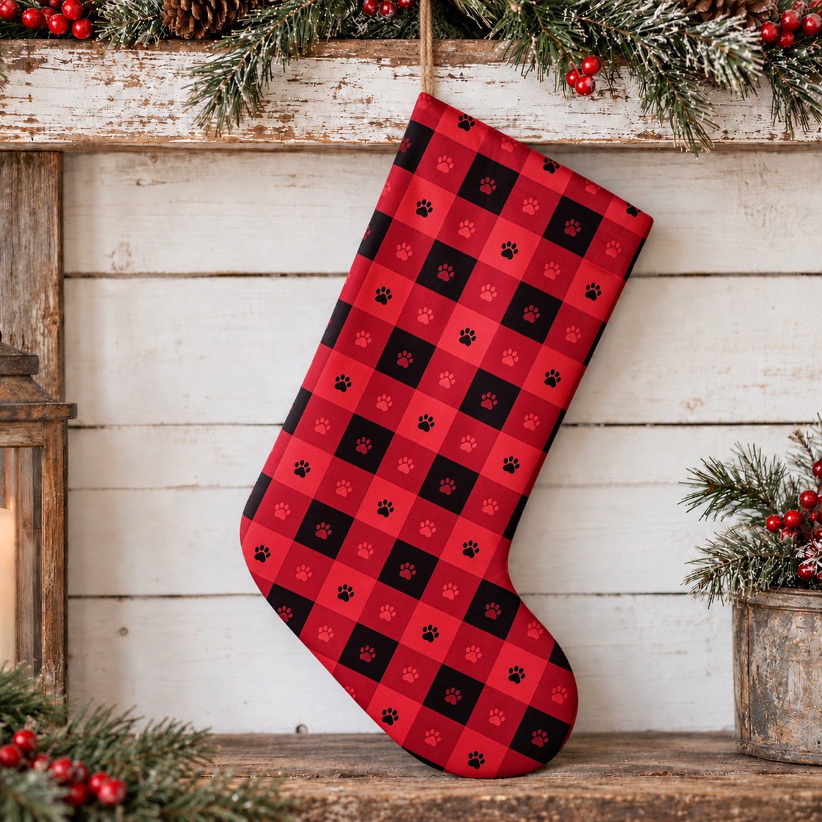 A red and black buffalo plaid Christmas stocking with small black paw prints, hanging on a rustic wooden mantel decorated with evergreen branches and red berries.