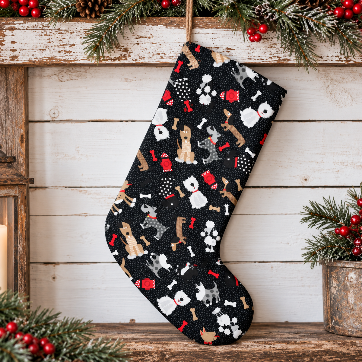A black Christmas stocking with a dog-themed print of various dog breeds, bones, and paw prints, hanging on a rustic wooden mantel decorated with pine branches and red berries.