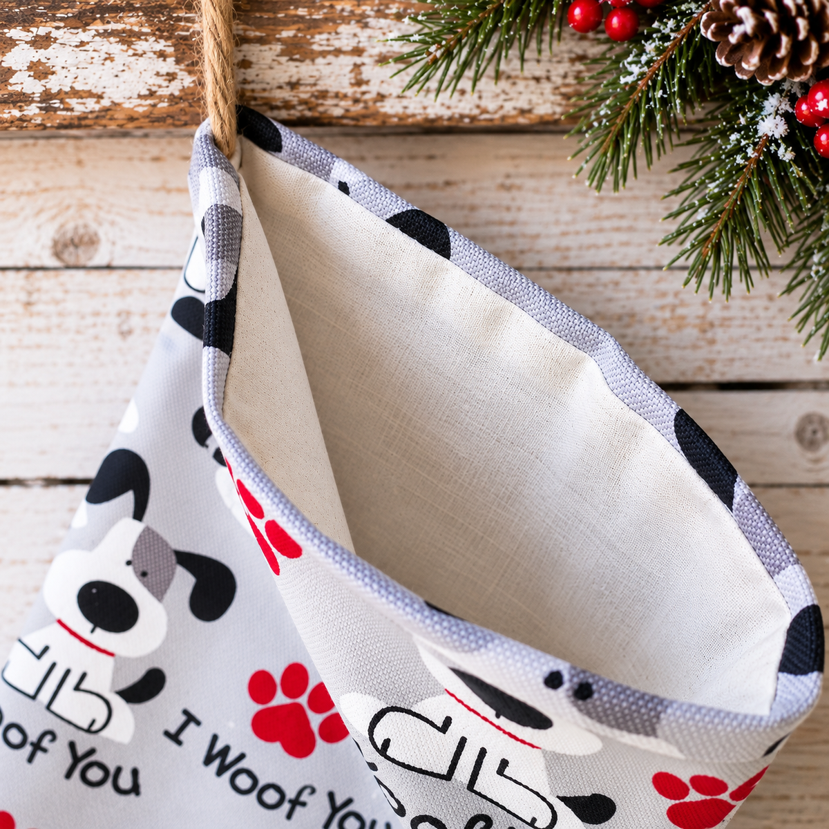 A fabric Christmas stocking with a dog-themed print, hanging from twine against a rustic wooden background with pine branches and red berries.