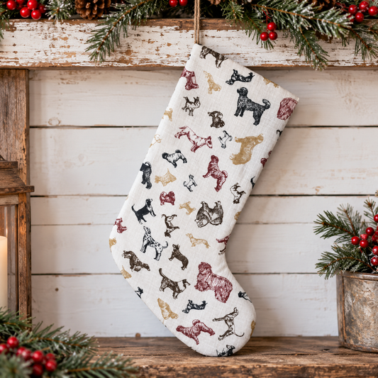 A Christmas stocking with a white background and a print of various dog illustrations in black, red, and tan, hanging on a rustic wooden mantel decorated with pine branches and red berries.
