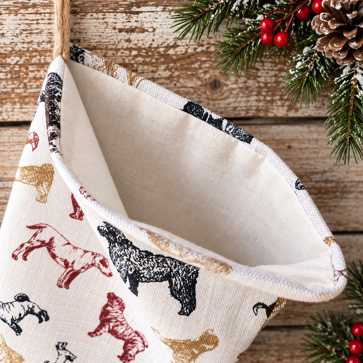 A fabric Christmas stocking with a beige canvas body, printed with various dog silhouettes in black, red, and tan, hanging from a wooden hanger against a rustic wooden background with pine branches and red berries.