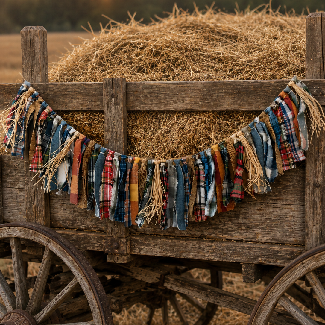 A rustic fabric garland with colorful plaid and striped strips and tassel fringe, draped across the side of a wooden wagon filled with hay at sunset.