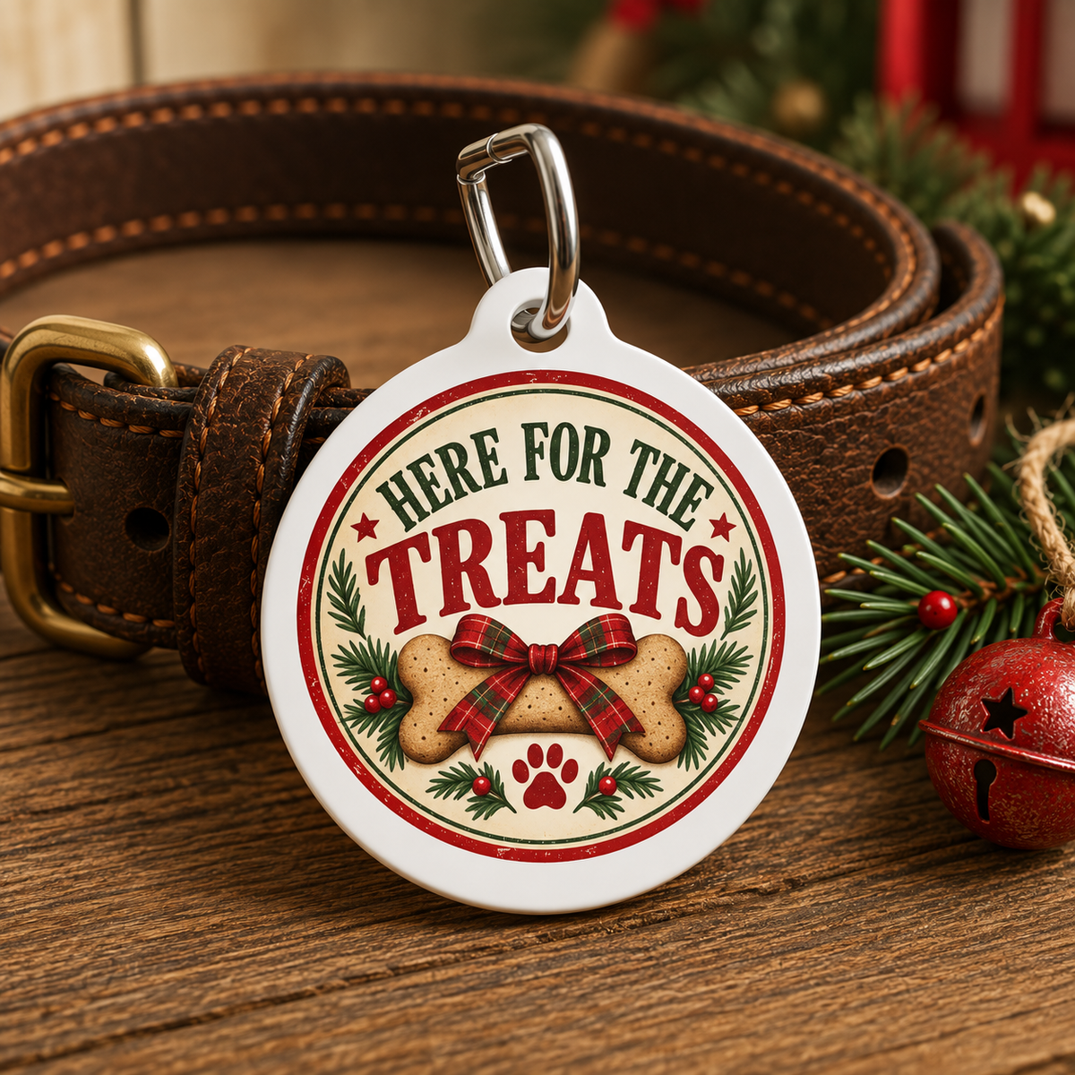 A round white pet ID tag with a silver clasp, attached to a brown leather collar. The tag features a festive Christmas design with the text 'HERE FOR THE TREATS' in red and green, a bone graphic with a red plaid bow, pine branches, and a red paw print, displayed on a wooden surface with holiday decorations.