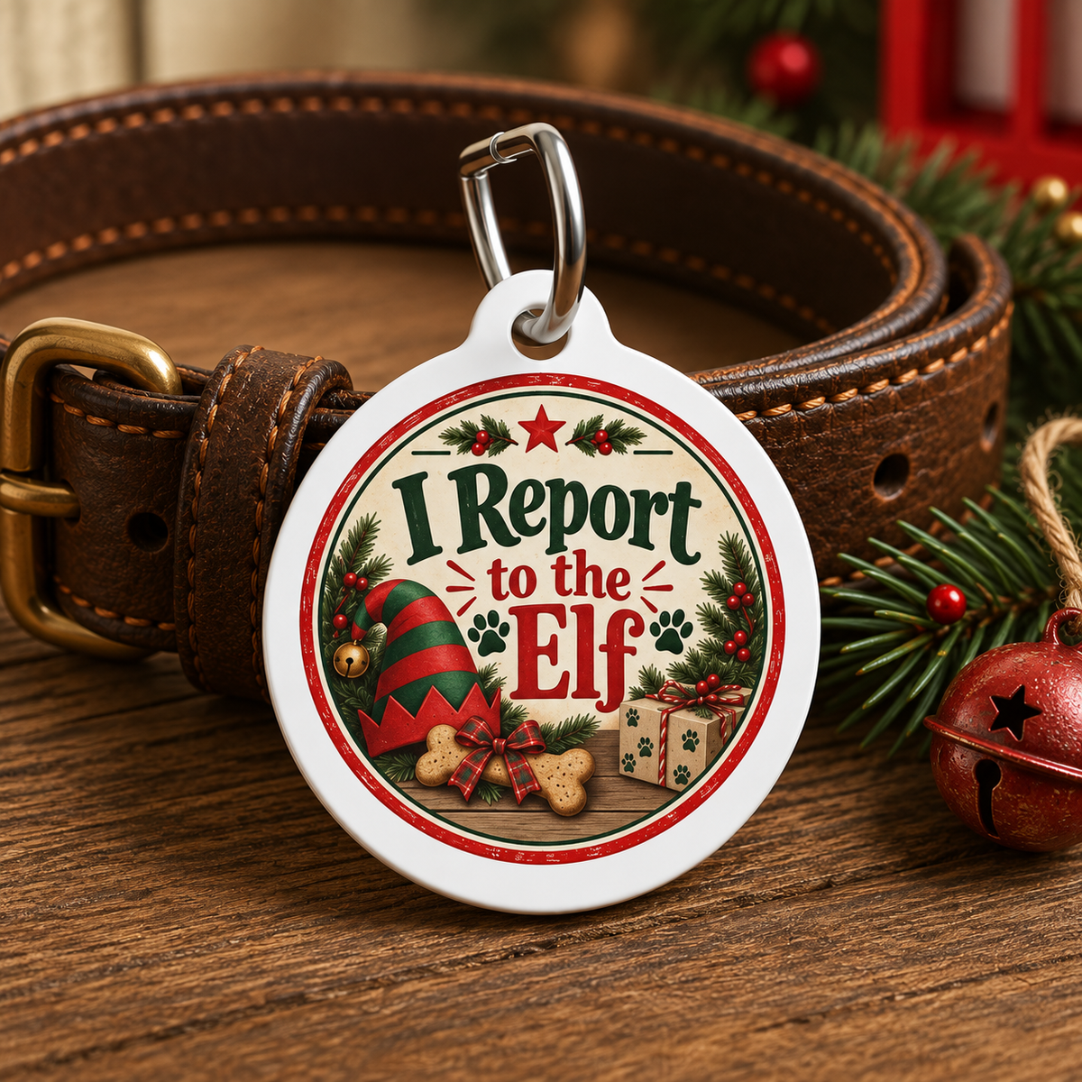 A round white pet ID tag with a silver clip attached, shown on a brown leather dog collar. The tag features a festive Christmas design with the text 'I Report to the Elf' in green and red lettering, surrounded by a red border with pine branches, a red-and-green elf hat, a gingerbread cookie, and a gift box.