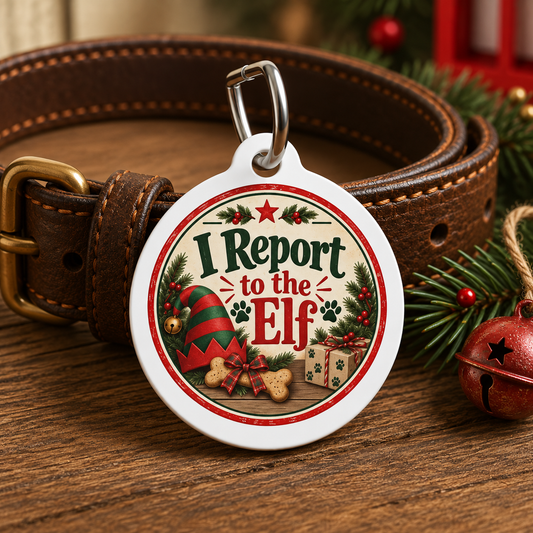 A round white pet ID tag with a silver clip attached, shown on a brown leather dog collar. The tag features a festive Christmas design with the text 'I Report to the Elf' in green and red lettering, surrounded by a red border with pine branches, a red-and-green elf hat, a gingerbread cookie, and a gift box.