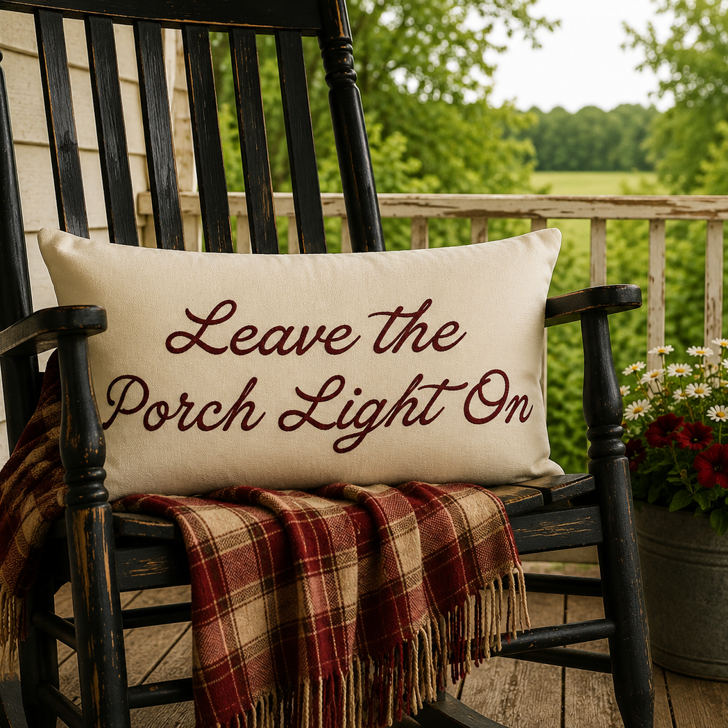 A rectangular cream throw pillow with the phrase 'Leave the Porch Light On' embroidered in dark red script, resting on a black rocking chair on a porch. A red and beige plaid blanket is draped over the chair, with a lantern on the left and a potted American flag and flowers on the right.