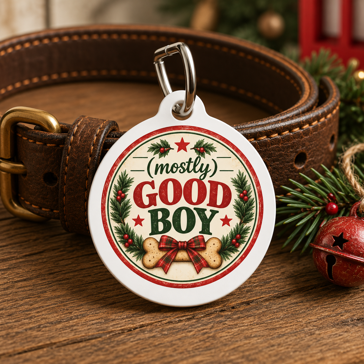 A round white dog ID tag with a silver split ring, attached to a brown leather dog collar. The tag features a festive Christmas design with the text '(mostly) GOOD BOY' in red and green lettering, surrounded by a wreath of green pine branches with red berries, red stars, and two bone illustrations.