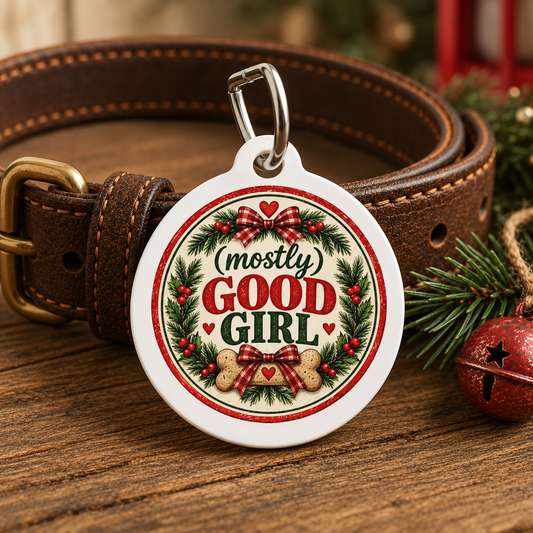 A round white pet ID tag with a silver metal clip, featuring a Christmas wreath design with the text '(mostly) GOOD GIRL' in red and green lettering. The tag is displayed on a brown leather collar on a wooden table with holiday decorations in the background.