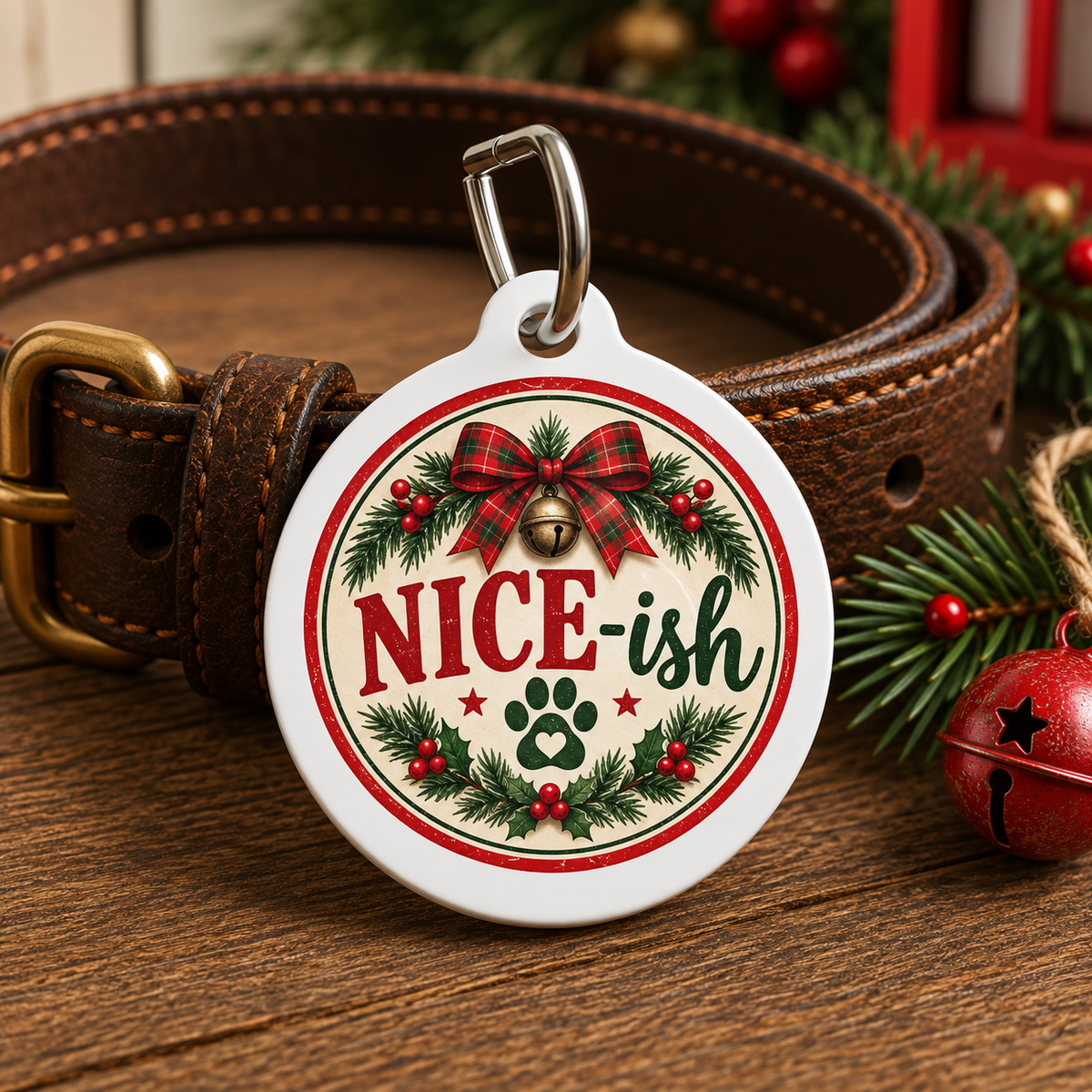 A round white pet ID tag with a holiday design, attached to a brown leather collar. The tag features the word 'NICE-ish' in red and green lettering, surrounded by a red bow, green pine branches, red berries, and a green paw print.