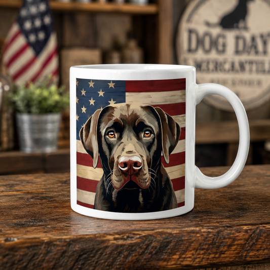 A white ceramic mug featuring a printed graphic of a Chocolate Labrador Retriever's face over an American flag background, set on a rustic wooden table with a blurred shop interior behind it.