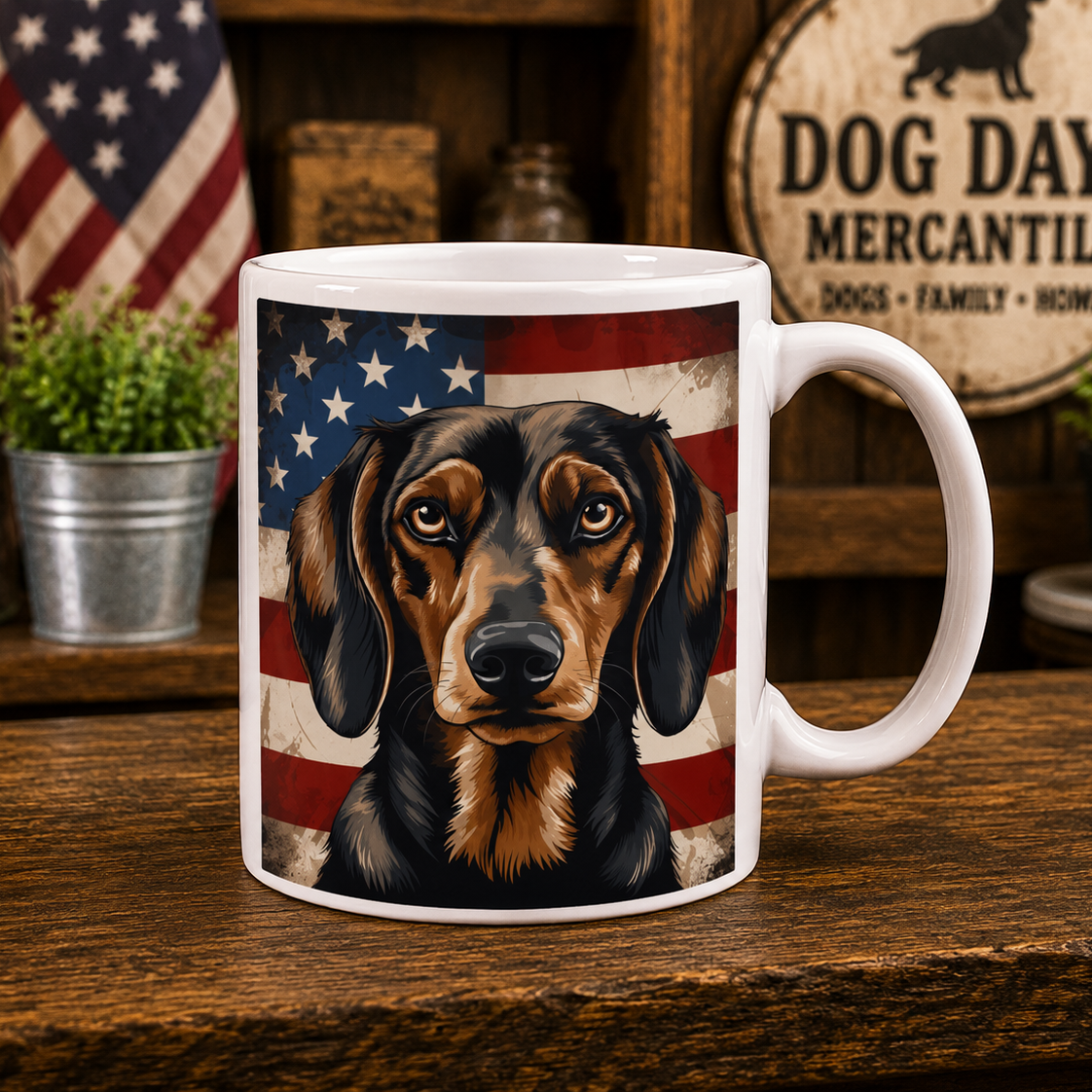 A white ceramic mug featuring a printed graphic of a dachshund dog's face over an American flag background, set on a rustic wooden table with decorative props including a sign that reads 'Dog Days Mercantile'.