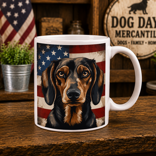 A white ceramic mug featuring a printed graphic of a dachshund dog's face over an American flag background, set on a rustic wooden table with decorative props including a sign that reads 'Dog Days Mercantile'.