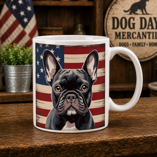 A white ceramic mug featuring a printed illustration of a black French bulldog in front of a distressed American flag, displayed on a wooden table with rustic home decor in the background.