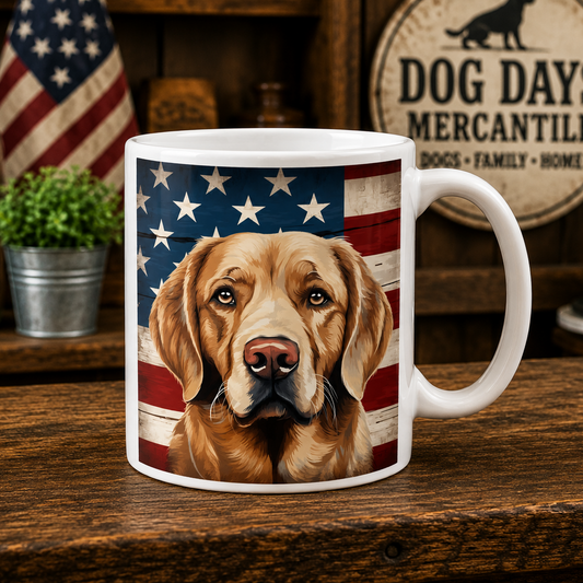 A white ceramic mug featuring a printed graphic of a golden retriever dog against a distressed American flag background, displayed on a rustic wooden table with patriotic decor.