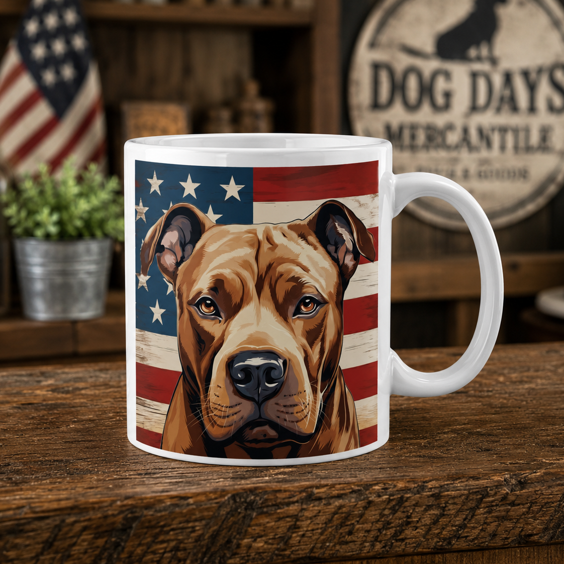 A white ceramic mug featuring a printed graphic of a brown pitbull dog in front of a distressed American flag, set on a rustic wooden table with a blurred background.